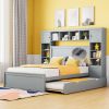 Full Size Wooden Bed With All-in-One Cabinet, Shelf and Sockets, Gray