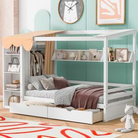 Twin size House Bed with Two Drawers and Wardrobe,White