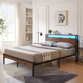 Queen Size Metal Platform Bed Frame with Wooden Headboard and Footboard with USB LINER,LED Lights, No Box Spring Needed, Large Under Bed Storage, Easy