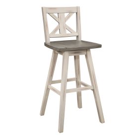 Pub Height Chairs Set of 2, Distressed Gray and White 360-degree Swivel Chair Solid Rubberwood Furniture, X-Back Bar Chairs