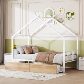 Twin Size Metal House Bed with Two Drawers, White