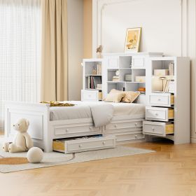 Twin Size Wood Platformbed with Vertical All-in-One Cabinet and 4 Drawers on each side, White