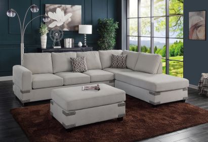 Living Room Furniture Mushroom Chenille Sectional w Ottoman Linen Like Fabric Sofa Reversible L/R Chaise Ottoman 3pc Sectional Sofa