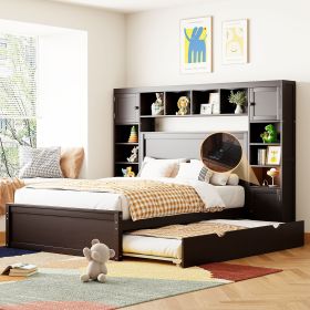 Full Size Wooden Bed With All-in-One Cabinet, Shelf and Sockets, Espresso