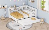 Wooden Full Size DayBed with Twin Size Trundle, DayBed with Storage Shelf and USB Charging Ports,White