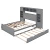 Full Size Wooden Bed With All-in-One Cabinet, Shelf and Sockets, Gray