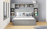 Queen Size Wooden Bed With All-in-One Cabinet, Shelf and Sockets, Gray