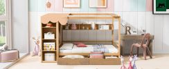 Full size House Bed with Two Drawers and Wardrobe,Natural