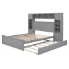 Queen Size Wooden Bed With All-in-One Cabinet, Shelf and Sockets, Gray