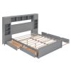 Queen Size Wooden Bed With All-in-One Cabinet, Shelf and Sockets, Gray