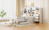 Twin Size Wood Platformbed with Vertical All-in-One Cabinet and 4 Drawers on each side, White