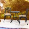 3 Piece Bistro Table Set Cast Aluminum Outdoor Patio Furniture with Umbrella Hole and Grey Cushions for Patio Balcony, Black